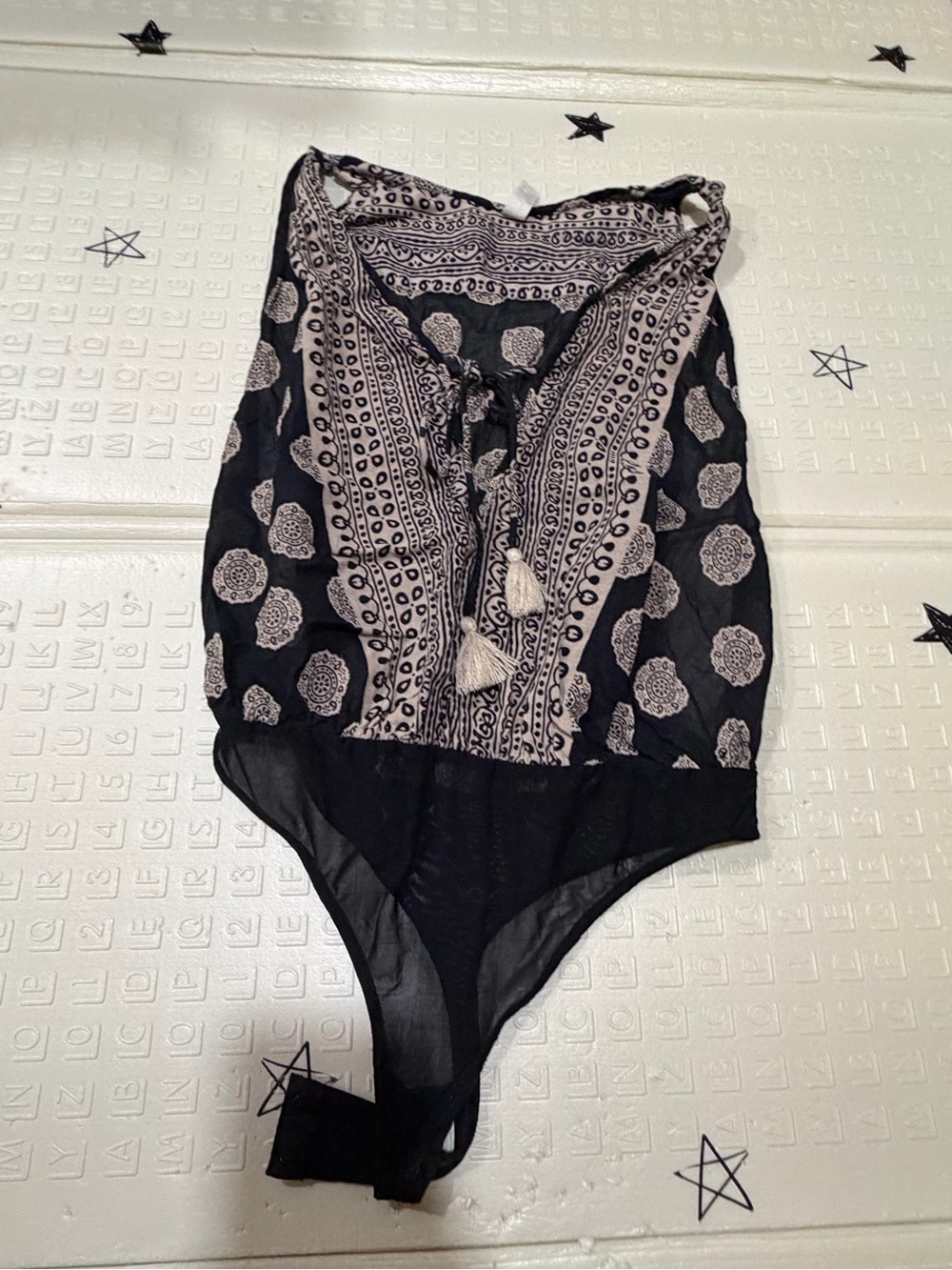 Free People Black & Cream Boho Tassel V-Neck Camisole